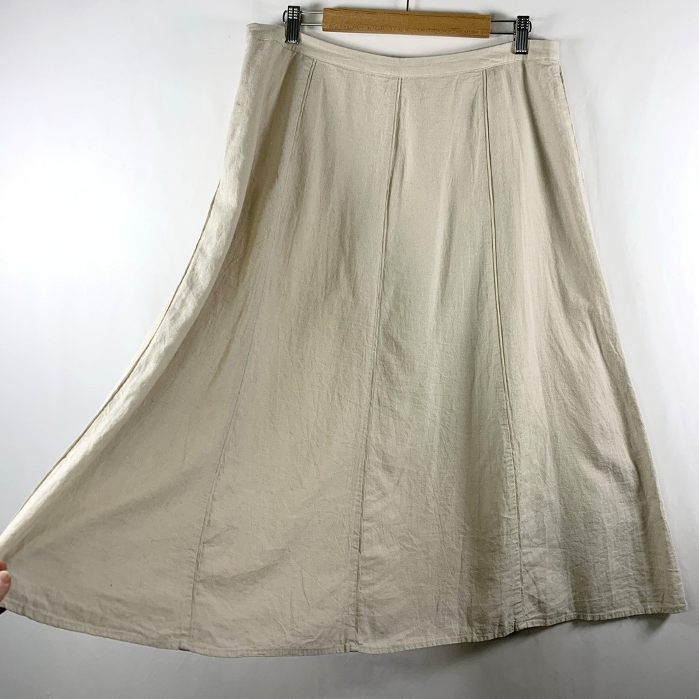 Womens Linen Blend Midi Skirt Size 12 Beige Coastal Preppy Parisian Minimalist